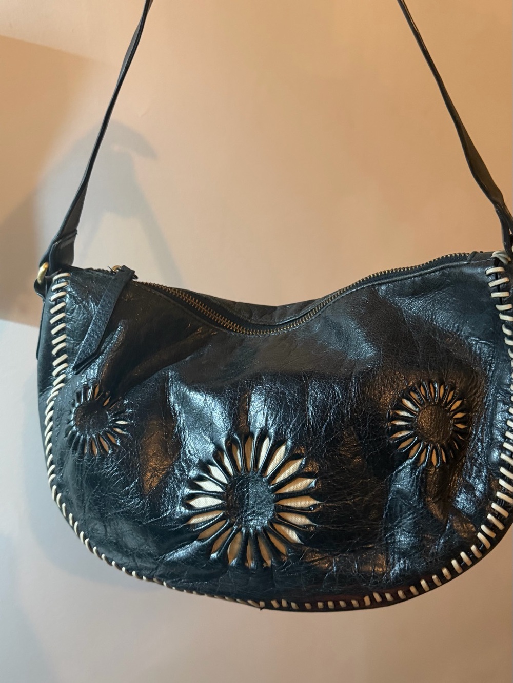 Cynthia Rowley Black Crinkled Leather  Shoulder Satchel with Daisy Cutouts.